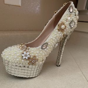 Pearls Crystal White Heel Pumps